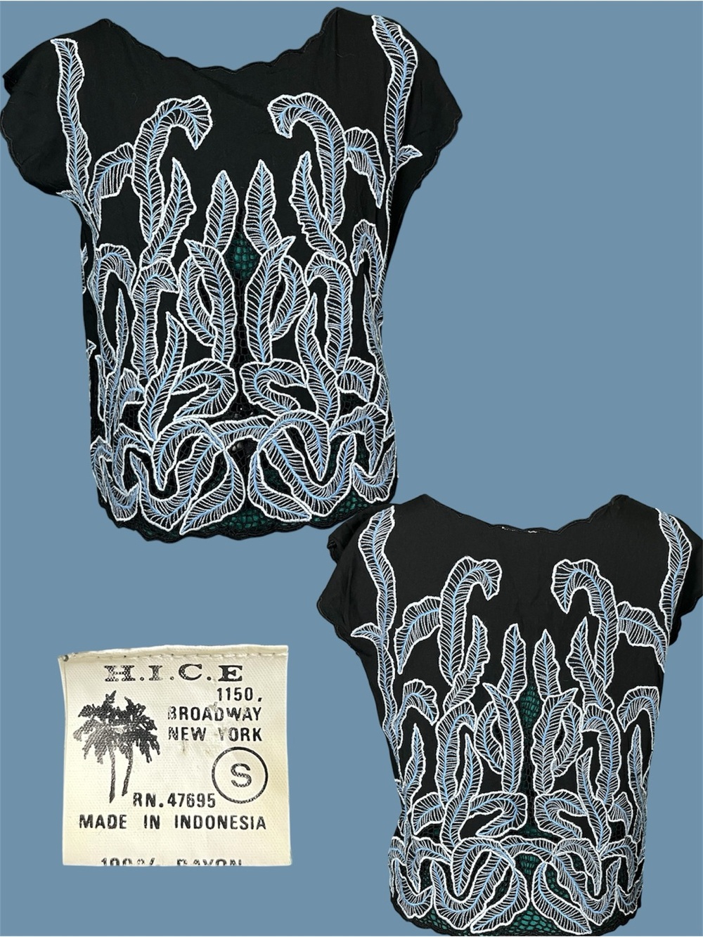 Black Blouse with light blue and White Leaf Embroidery open crochet detail